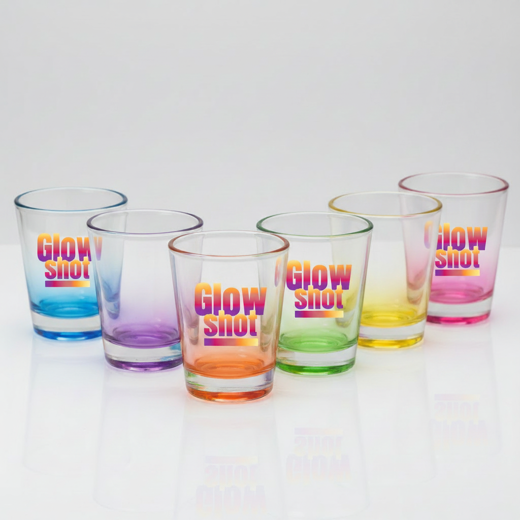 Glow Shot colorful shot glasses with logo on all six